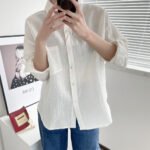 303-1820 Japanese fresh spring women's clothing lapel back buckle solid color pocket long-sleeved cotton and linen shirt for women - Image 5