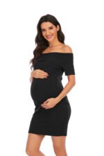 6175# in stock! New Maternity Skirt Amazon eBay Europe and America Solid Color One Shoulder Short Sleeve Dress - Image 9