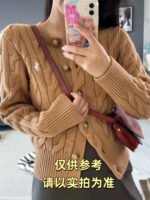 High quality scannable RL Raf pony logo twist knit cardigan embroidered crew neck simple sweater - Image 4