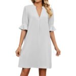 Solid V-neck Loose Pleated 5/4 Sleeve Dress - Image 5