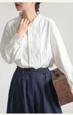 Lace collar Japanese shirt women's early spring design sense niche embroidery long-sleeved shirt sweet wood ear edge stand-up collar top - Image 4