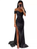 Cross-border hot foreign trade women's clothing independent station polyester sexy fine flash slit prom dress sequin dress new products - Image 5
