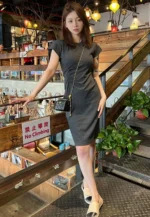 T-shirt skirt new simple gray pleated waist cotton round neck short-sleeved casual slim dress dress