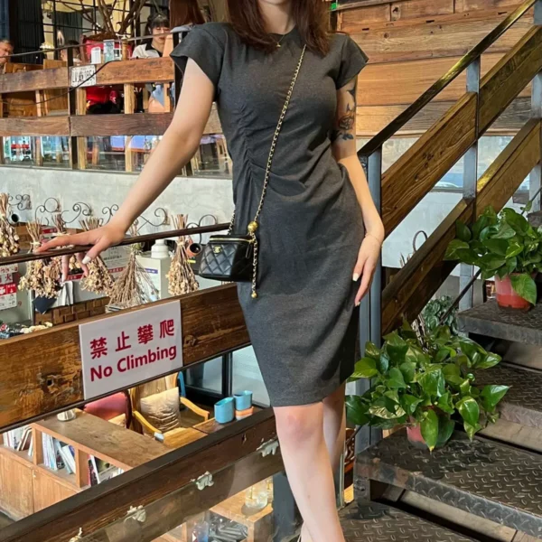 T-shirt skirt new simple gray pleated waist cotton round neck short-sleeved casual slim dress dress