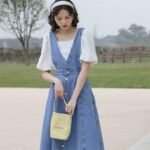 Summer Japanese ins high-waisted a-line waist slimming small fresh over-the-knee denim suspenders dress women's mid-length - Image 2