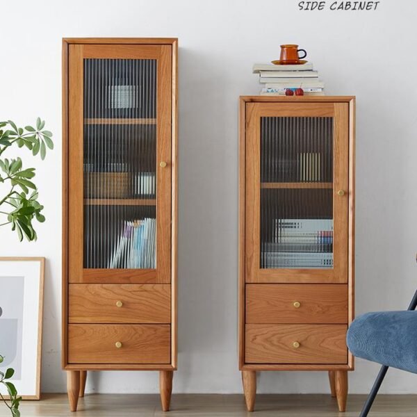 Tube carpenter home with glass door solid wood bookcase Japanese minimalist cherry wood floor bookshelf combination living room showcase