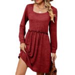 Solid color square neck long sleeved waistband loose fitting dress - Image 2