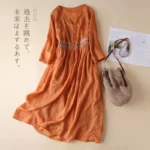 2022 Spring and Autumn Pure Cotton Ethnic Style Embroidered Dress Artistic Temperament Round Neck Nine-point Sleeves Mid-length Cotton Skirt Women - Image 4