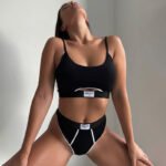 2023 Contrasting Color Stitching Letter Cloth Label Personalized Split U-Neck Adjustable Shoulder Strap Briefs Bra Two-piece Set