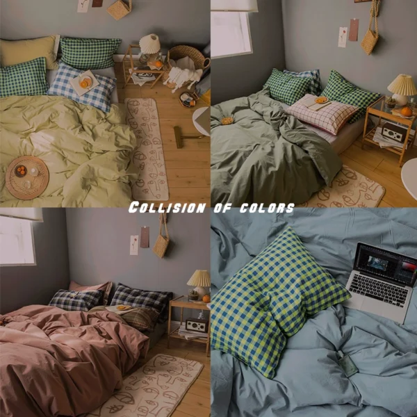 Contrast color mix and match style | pure cotton washed cotton solid color three-piece set simple Japanese plaid pillowcase four-piece bedding set