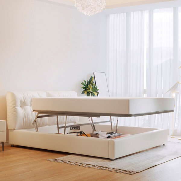 Free shipping cloud bed simple light luxury net red leather double master bedroom queen bed down with bag function high box storage bed