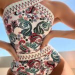 Tenglong 2023 new one-piece swimsuit knitted belt printed hanging neck foreign trade one-piece swimsuit