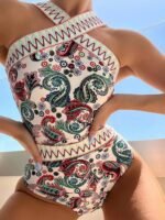 Tenglong 2023 new one-piece swimsuit knitted belt printed hanging neck foreign trade one-piece swimsuit