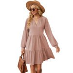 Solid V-neck loose pleated patchwork long sleeved dress - Image 2