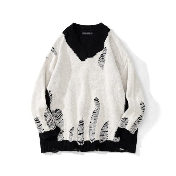 Vintage color-blocking irregular hole sweater