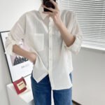 303-1820 Japanese fresh spring women's clothing lapel back buckle solid color pocket long-sleeved cotton and linen shirt for women - Image 4