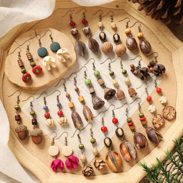 Retro hand-made plant fruit earrings, forest pine cones, literary and artistic ethnic style, Chinese medicine, dried fruits, niche creative earrings, women