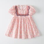 2022 summer new Korean version of the puff sleeve girl's dress square neck lace floral princess skirt short-sleeved children's skirt