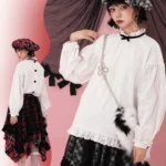 Vintage girl lace dark stripe folded long-sleeved shirt