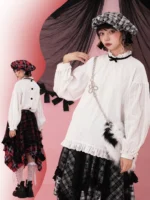 Vintage girl lace dark stripe folded long-sleeved shirt