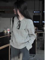 Gray embroidered pony twist round neck pullover sweater women's autumn and winter with soft glutinous knitwear base top spring and autumn - Image 2