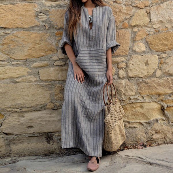 Cross-border hot style European and American new cotton and linen yarn-dyed striped loose long dress