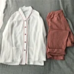 Simple Japanese plain cotton washed cotton double-layer gauze V-neck home clothes pajamas set long-sleeved trousers - Image 2