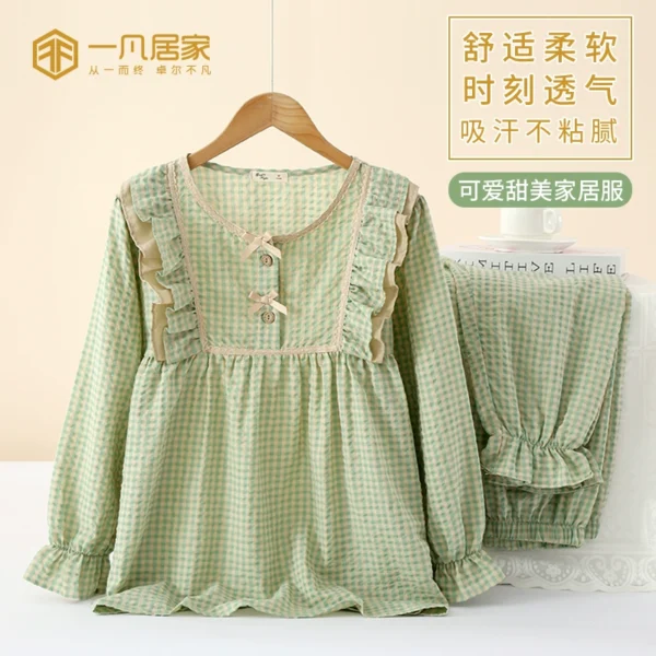 Spring pajamas women's long-sleeved cotton yarn double-layer gauze spring and autumn Japanese cute and sweet home clothes casual suit trousers