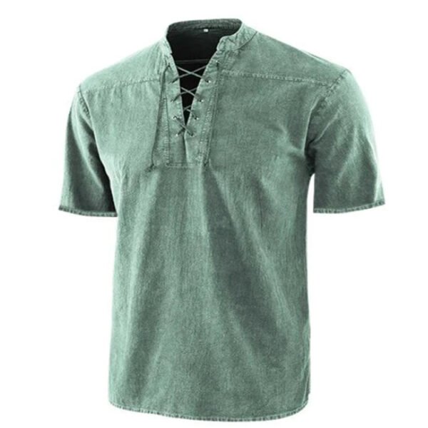 Europe and America Amazon Men's New Solid Color Retro Lace-Up Collar Casual Short Sleeve Shirt