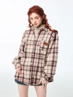 Pink brown retro plaid brushed loose casual shirt
