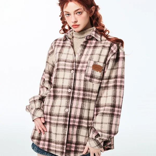 Pink brown retro plaid brushed loose casual shirt