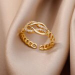Cross-border hot sale 18K gold-plated full diamond light luxury non-fading opening ring women's zircon leaf ring women's high-end sense - Image 3