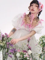 Jacquard loose high waist vintage bubble sleeve dress - Image 3