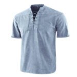 Europe and America Amazon Men's New Solid Color Retro Lace-Up Collar Casual Short Sleeve Shirt - Image 2