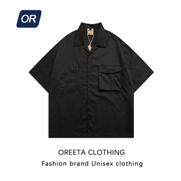 OREETA men's 2022 summer Japanese tide brand solid color patch pocket lapel tooling short-sleeved shirt loose shirt men