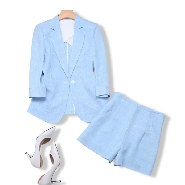 Japanese commuter fan~Slim three-quarter-sleeved cotton and linen suit jacket + wide trousers shorts dotted check suit female