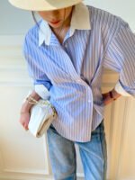 Spring new women's shirt women's long-sleeved blue and white striped French design color matching shirt women's commuting top - Image 5