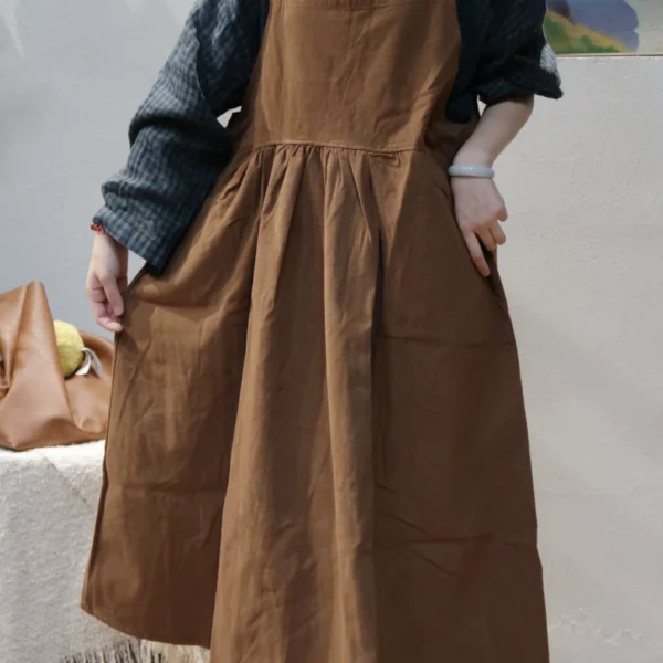 Semi-free original autumn new solid color literature and art Japanese loose cotton suspender skirt age-reducing dress