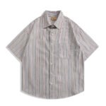 OREETA men's clothing?2022 summer Japanese fresh color matching striped lapel loose five-point sleeve shirt short-sleeved men - Image 6