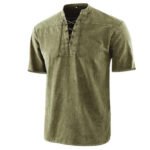 Europe and America Amazon Men's New Solid Color Retro Lace-Up Collar Casual Short Sleeve Shirt - Image 3