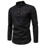 2022 cross-border foreign trade shirt men's fashion slim solid color long-sleeved business stand-up collar cotton and linen half-open men's shirt - Image 6