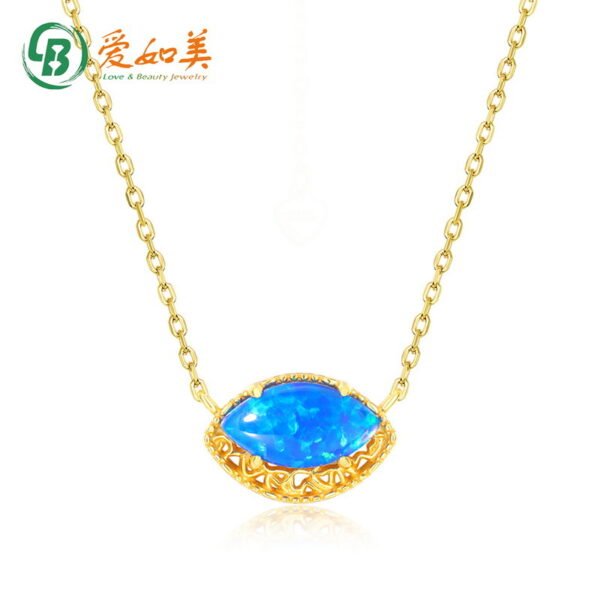 2022 New Japanese Light Luxury Retro S925 Sterling Silver Necklace Niche Pattern Blue Opal Pendant Clavicle Chain