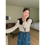 Aisili 2023 spring new long-sleeved color-blocking cardigan top Korean version of sweet wave-dot shirt women wholesale 8155 - Image 3