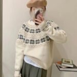 Retro jacquard soft waxy sweater women's 2022 autumn and winter new Japanese style lazy style loose round neck pullover sweater thick - Image 6