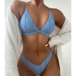AliExpress solid color tie bikini 2023 new European and American sexy ladies triangle cup split swimsuit swimsuit