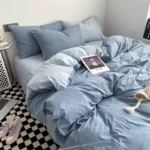 Simple pure color washed cotton bed four-piece spring and autumn Japanese-style bedding bed linen quilt cover single dormitory three-piece set