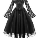 2023 New Women's Gothic Sexy Dress Lace Panels Long Sleeve Flared Sleeve Chiffon Dress Court Dress