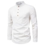 2022 cross-border foreign trade shirt men's fashion slim solid color long-sleeved business stand-up collar cotton and linen half-open men's shirt - Image 5