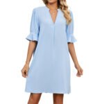 Solid V-neck Loose Pleated 5/4 Sleeve Dress - Image 6