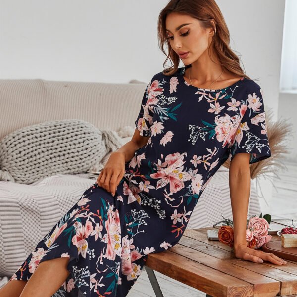 Summer new thin cotton printed ladies long skirt comfortable short-sleeved floral European size large size home service nightdress